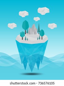 Low poly island landscape. Tree and home polygonal vector illustration.