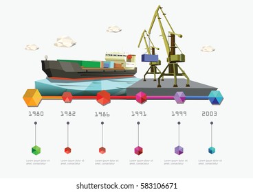 Low poly island with sea port. Infographic vector illustration.