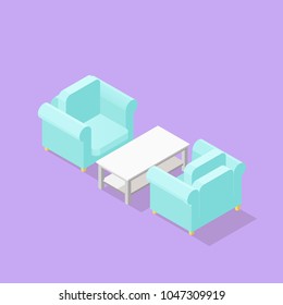 Low poly isometric armchairs and coffee table. Realistic icon. Isolated illustration of living room furniture