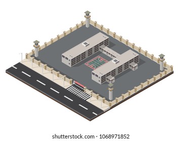 Low Poly Isometric Prison Building Illustration