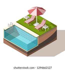 Low Poly Isometric Summer Swimming Pool With Sunbeds, Umbrella And Cocktails On The Table.