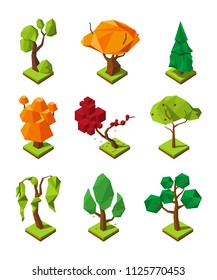 Low poly isometric trees. Green environment isometric, forest or garden plants. Vector illustration