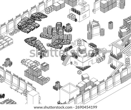 Low poly isometric warehouse map with black and white contour lines, featuring detailed buildings and storage containers as urban assets.