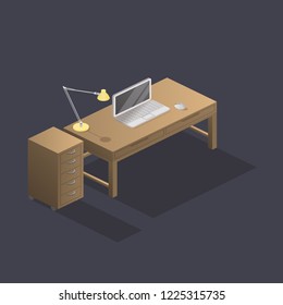 Low poly isometric work place with table, laptop, mouse and lamp