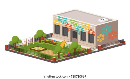 Low poly kindergarten building. Vector isometric preschool, kids playground