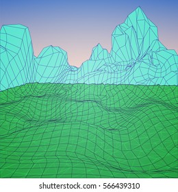 Low Poly Landscape. Background in style arcades the 80s. Vector Illustration.
