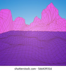 Low Poly Landscape. Background in style arcades the 80s. Vector Illustration.