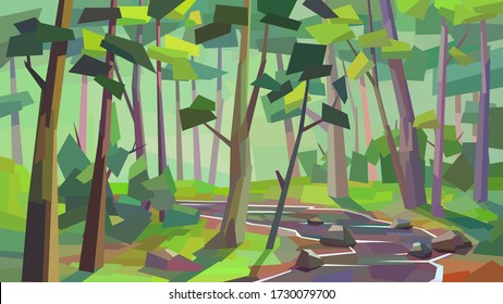 low poly landscape dense forest river brook tree rock bush vector illustration