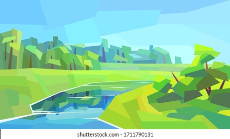 low poly landscape forest bush river reflection plain vector illustration