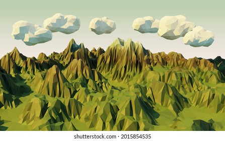 Low Poly Landscape of Green Mountain Range and Clouds