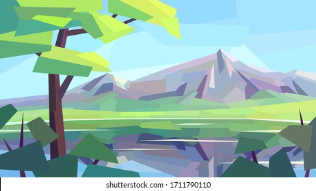 low poly landscape mountain hill reflection lake tree bush vector illustration