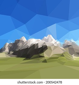 Low Poly  Landscape. Mountains And Blue Sky.