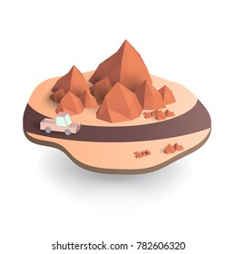 Low poly landscape with mountains and car at road. vector illustration.