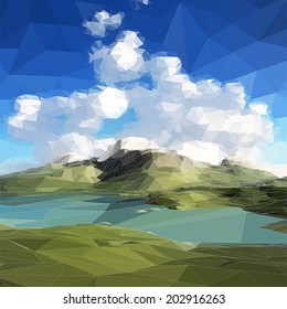 low poly landscape. Mountains, clouds and blue sky. Vector illustration