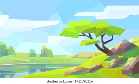 low poly landscape river reflection tree rock mountain hill forest cloud vector illustration