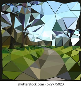 Low poly landscape with  road and trees..