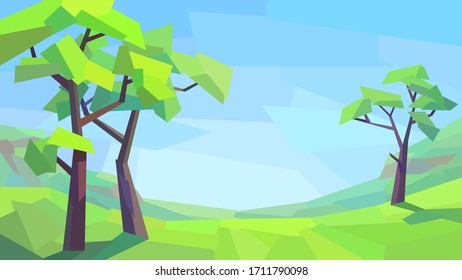 low poly landscape tree field hill grass vector illustration