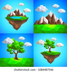 Low poly landscape with tree mountains and floating island vector illustration