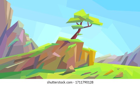 low poly landscape tree rock cliff mountain vector illustration