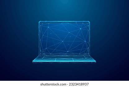 Low Poly Laptop in Technological Blue Color on Dark Background. Front View of Abstract Digital Opened Mobile Computers. Polygonal Wireframe Light Structure in Connected Dots, Lines, and Triangles.