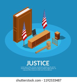 Low poly law justice isometric mallet of the judge jury characters vector illustration 3d