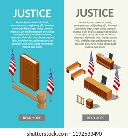 Low poly law justice isometric mallet of the judge jury characters vector illustration 3d banner