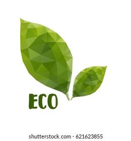 Low poly leafs. Eco concept with lettering isolated logo