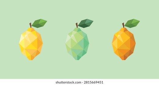Low Poly Lemon Ripeness Stages Vector Set – Geometric Polygon Green, Ripe and Overripe Lemon Illustration