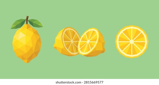 Low Poly Lemon Whole Fruit and Cross Section Vector Set – Geometric Polygon Citrus Slice Illustration