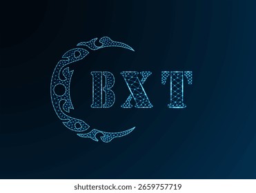 Logo-BXT-Design mit Low-Poly-Buchstaben. BXT-Buchstabe Logo Low-Poly-Vektordesign auf blauem Farbverlauf-Hintergrund. BXT Logo Low-Poly-Design
