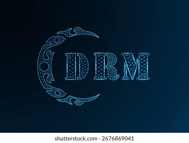 Diseño de DRM de logotipo de letra polivinílica baja. Diseño de Vector polivinílico bajo del logotipo de la letra del DRM en fondo azul del gradiente del color. Logotipo de DRM bajo diseño de polietileno

