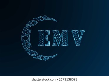 Low poly letter logo EMV design. EMV letter logo low poly vector design on blue color gradient background. EMV logo low poly design
