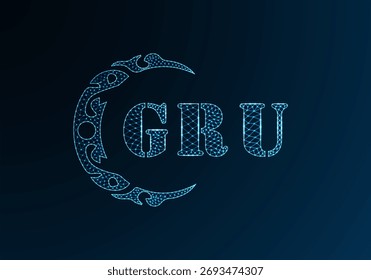 Logotipo bajo de la letra polivinílica Diseño de GRU. Diseño de Vector polivinílico bajo del logotipo de la letra de GRU en fondo azul del gradiente del color. Logotipo de GRU bajo diseño de poliéster
