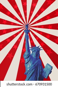 Low poly liberty in front view on colorful red shine with star background