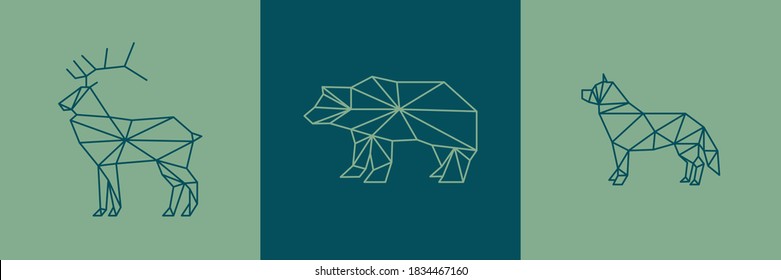 Low poly line animals set. Origami poligonal line animals. Bear, wolf, deer