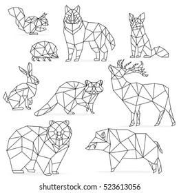 Low poly line animals set. Origami poligonal line animals. Wolf bear deer wild boar fox raccoon rabbit hedgehog