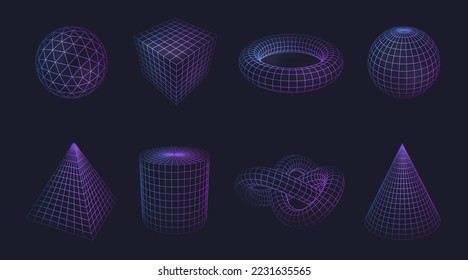 Low poly line geometric shapes of neon color, isolated vector circle and cube, triangle and pyramid holograms. Polygonal mathematics and geometry figures, frame perspectives set