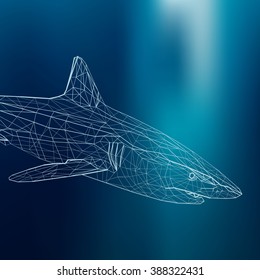 Low poly linear geometric shark vector illustration in the dark blue sea background