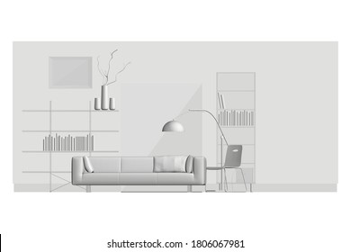 Interior de sala de estar de popa baja. Vista frontal. 3 D. Ilustración del vector