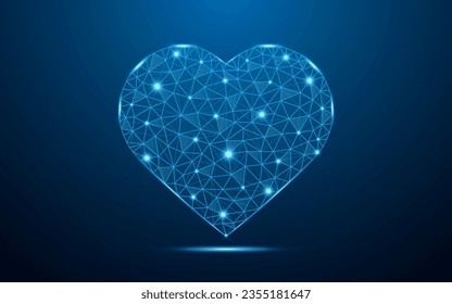 El vectores de corazón de bajo poder de amor con concepto futurista. Diseño de armazón de alambre de color azul bajo y médico o de bienvenida. Salven vidas, amen juntos, ilustración de amistad.