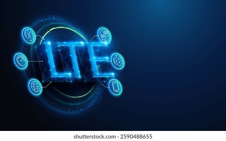 Low Poly LTE Wireless Mobile Network Connection with Lineart Icons. Abstract geometric illustration depicting communication technology 3D lettering concept by wireframe mesh on blue background