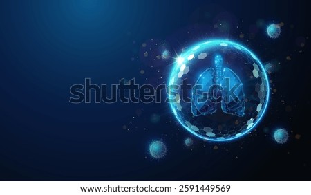 Low Poly Lung Protected by Shield from Virus Made of Particles on Side. Abstract geometric illustration on bacterial, virus respiratory disease prevention healthcare medical concept on blue background
