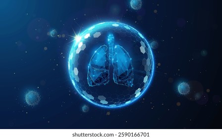 Low Poly Lungs Protected by Shield from Virus Made of Neon Particles.Abstract geometric illustration on bacterial, virulent respiratory disease prevention healthcare medical concept on blue background