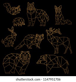 Low Poly Luxury Golden Line Animals Set. Origami Poligonal Gold Line Animals. Wolf Bear, Deer, Wild Boar, Fox, Raccoon, Rabbit And Hedgehog On Black Background.