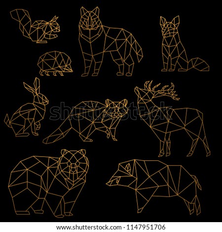 Low poly luxury golden line animals set. Origami poligonal gold line animals. Wolf bear, deer, wild boar, fox, raccoon, rabbit and hedgehog on black background.