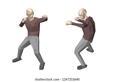 Low poly man beats a hook. Isolated on white background. 3d vector illustration. Different viewes.