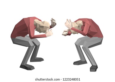 Low poly man hides himself. Isolated on white background. 3d vector illustration.