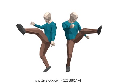 Low poly man makes front kick. Isolated on white background. 3d vector illustration. Different viewes.