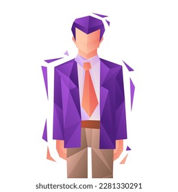Low poly man in suit standing, isolated low polygonal vector illustration.