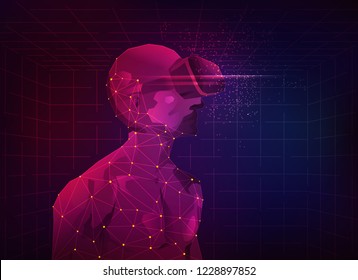 low poly man wearing vr headset, concept of virtual reality technology